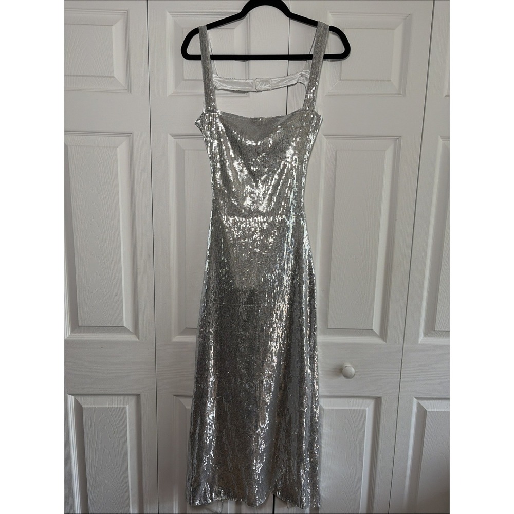 Lavish Ivy Silver Sequin Maxi Dress Womens Size L Prom Party Formal Gown Sparkle